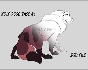 May include: A black and white line art drawing of a wolf in a standing pose with its tail curled. The wolf is looking to the right. The text "COLOR ME!" is written on the wolf's body. The text ".PSD FILE" is written in the bottom right corner of the image.