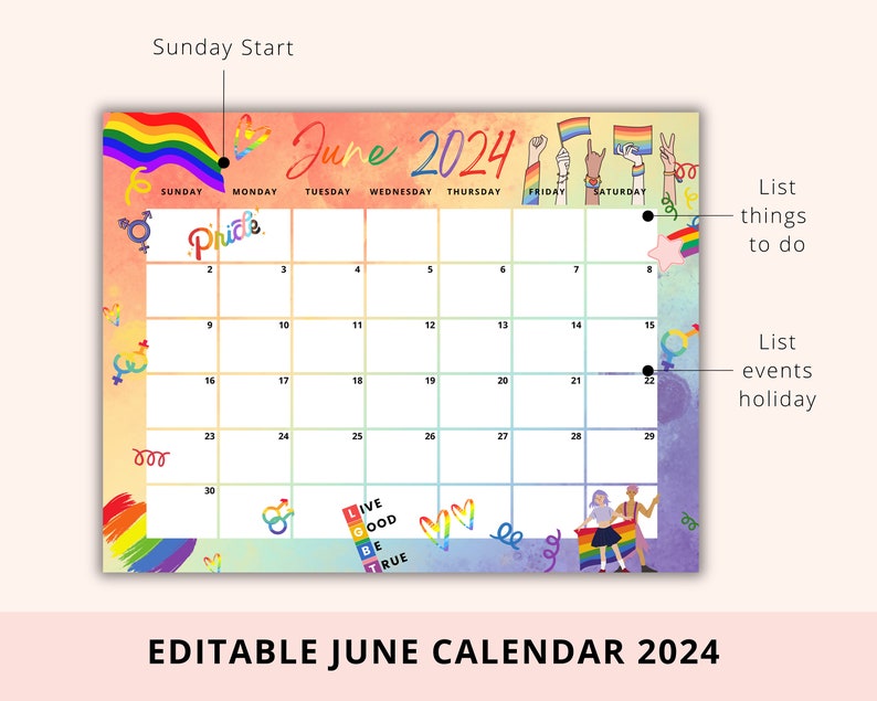 Editable Pride Month 2024, June Calendar 2024, Queer Proud, Academic