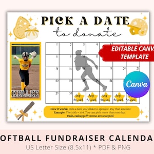 Editable Softball Pick a date to donate, Black out My Board, Yellow theme, Pay My Jersey, Softball Fundraiser, Softball Sponsor Calendar