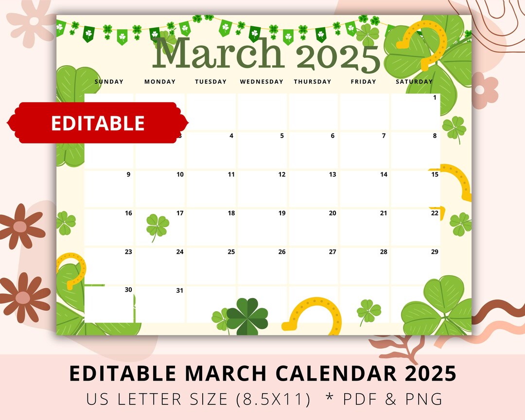 Editable March 2025 Monthly Calendar, Green St Patrick 2025, Homeschool