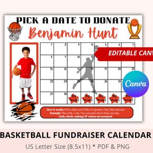 Editable Basketball Fundraiser Calendar, Red, Black out my board, pick a date to donate, Canva Template, Pay My Jersey, Team Fund Donate