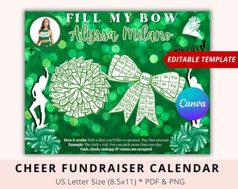 Editable Cheer pick a date to donate, Cheer Fundraiser Calendar, Black Out My Board, Green, Sponsor My season, Fundraiser Calendar