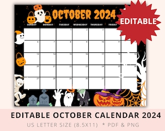 Editable Halloween Calendar 2024, October 2024 Calendar, trick or treat 2024, Calendar for kid, School, Teacher, Digital, PDF, PNG