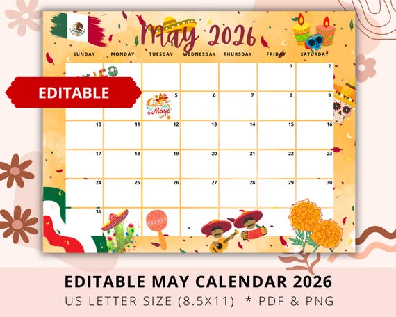 Editable May Calendar 2026, Monthly Calendar 2026, May 2026 Planner, Cinco de Mayo, Holiday, Teacher calendar, Planner, Digital, PDF, PNG