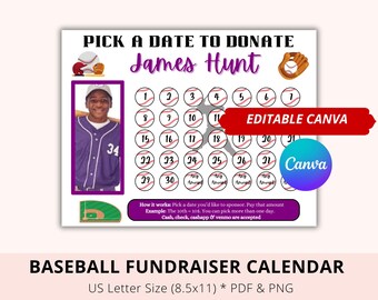 Editable Baseball Black out my board, Fundraiser Calendar, Purple, pick a date to donate, Canva Template, Pay My Jersey, Team Fund Donate