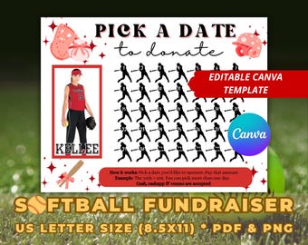 Softball Fundraiser Calendar Template, Pick a Date Canva Editable Donation Flyer, Red Theme Team Printable