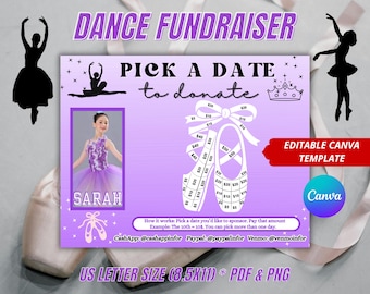 Editable Dance Fundraiser Calendar, Blackout Board, Purple, Canva Template, Pick a Date to Donate, Dance Team Competition Cash Fundraiser