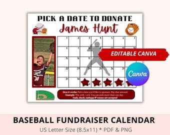 Editable Baseball Fundraiser Calendar, Maroon, Black out my board, pick a date to donate, Canva Template, Pay My Jersey, Team Fund Donate