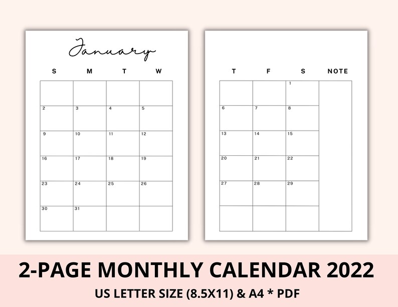 editable 2022 monthly calendar printable 2 page calendar