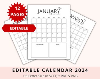Calendrier mensuel 2024 modifiable, modèle de calendrier, calendrier scolaire, bureau, imprimable, calendrier 12 mois, vierge, téléchargement numérique, PDF, PNG