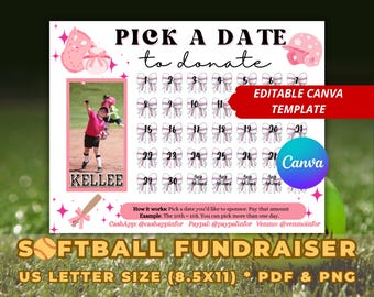 Editable Softball Fundraiser Calendar Template, Pick a Date Donation Flyer, Canva Pink Theme Team Printable