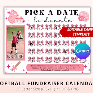 Editable Softball Black Out My Board, Pay My Softball, Pick a Date To Donate, Softball Fundraiser, Pink Theme, Fundraiser Calendar, Canva