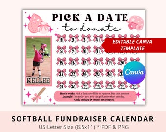 Editable Softball Black Out My Board, Pay My Softball, Pick a Date To Donate, Softball Fundraiser, Pink Theme, Fundraiser Calendar, Canva