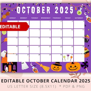Editable Halloween 2025 Calendar Printable, October 2025 , Academic Planner, Kid Calendar, School, Homeschool, Teacher Calendar, Digital