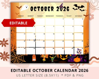 Editable Halloween 2026 Calendar, October 2026, Academic Planner, Kid Calendar, School, Homeschool, Teacher Calendar, Digital
