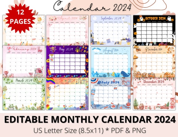 Editable Monthly Calendar 2024, Academic Planner, Holiday Calendar,  Classroom Calendar, Challenge Calendar, Digital, Horizontal, PDF, PNG - Etsy