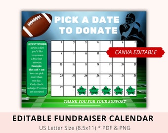 Editable Football Pick A Date To Donate, Donate Idea Template, Canva Template, Football Fundraiser Calendar, Pay The Date, Football Sponsor