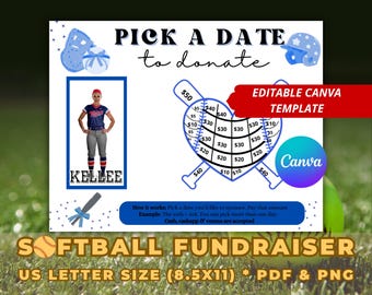 Editable Softball Black Out My Board, Pay My Softball, Pick a Date To Donate, Softball Fundraiser, Navy Theme, Fundraiser Calendar, Canva