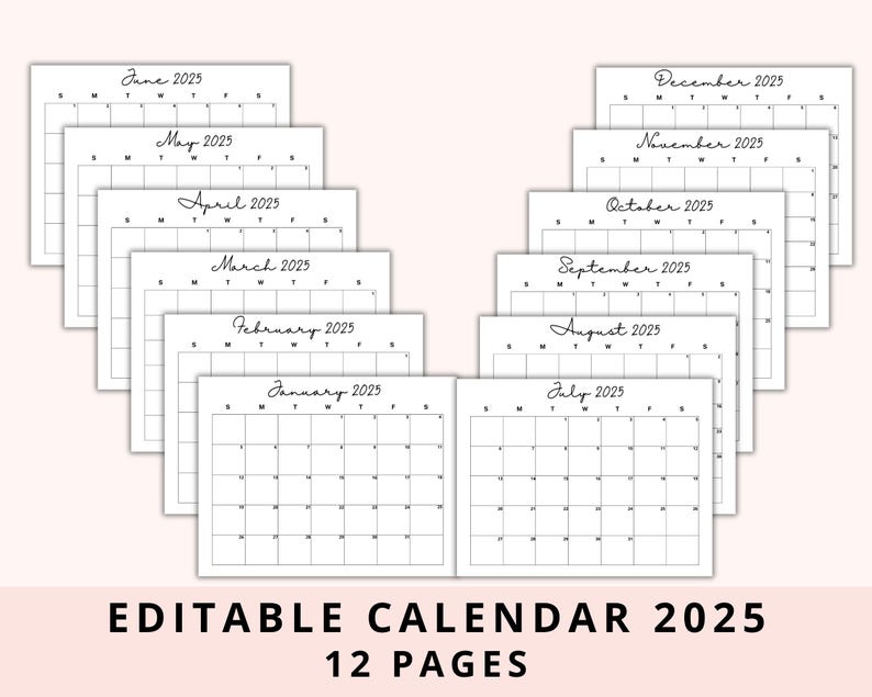 Editable 2025 Monthly Calendar, Digital Planner 2025, Calendar 2025