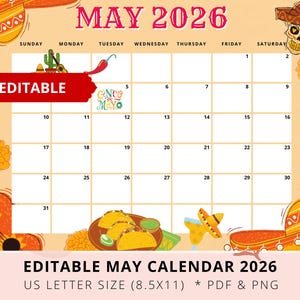 Peut inclure: Calendrier de mai 2026 sur le thème de Cinco de Mayo. Il présente une grille avec des éléments décoratifs : tacos, sombreros et maracas. Le texte « EDITABLE » est affiché sur une bannière rouge. Le calendrier est au format US Letter (21,6 x 27,9 cm).