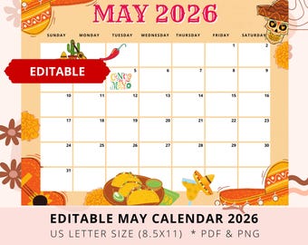 Editable May Calendar 2026, May 2026 Calendar, Cinco de Mayo, Holiday Calendar 2026, Kids, Teacher, School, Planner, Download, Digital, PDF