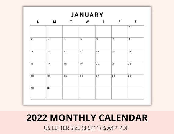 editable 2022 monthly calendar template printable 2022 etsy