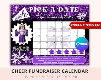 Editable Cheer School pick a date to donate, Black out my board, Cheerleading School Fundraiser, Purple, pay the date, sponsor my season
