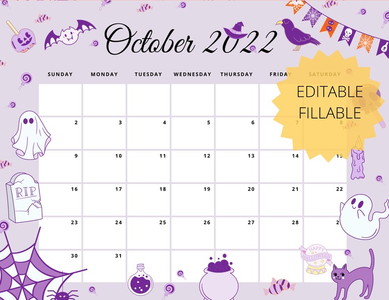 Editable Halloween Calendar October 2022 Monthly Calendar Etsy
