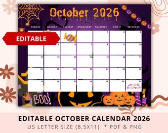 Editable Halloween 2026 Calendar, Halloween Planner, October 2026 Calendar, Academic Planner, Kid Calendar, Homeschool Planner, Teacher
