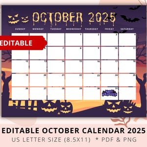 Editable Halloween 2025 Calendar, October 2025 Calendar, School Calendar, Halloween 2025 Planner, Academic Planner, Kid, Homeschool Planner