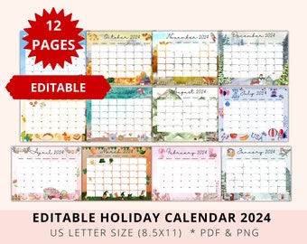 EDITABLE Monthly Calendar 2024 Bundle, Cute Printable Fillable Monthly Calendar 2024, Editable PDF Calendar, Digital Download, PNG