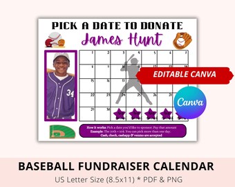 Editable Baseball Fundraiser Calendar, Purple, Black out my board, pick a date to donate, Canva Template, Pay My Jersey, Team Fund Donate