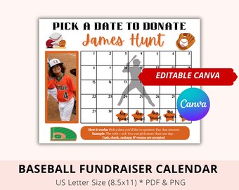 Editable Baseball pick a date to donate, Orange, Black out my board, Help to pay my jersey, Canva, Baseball Pay The Date, Donate Calendar