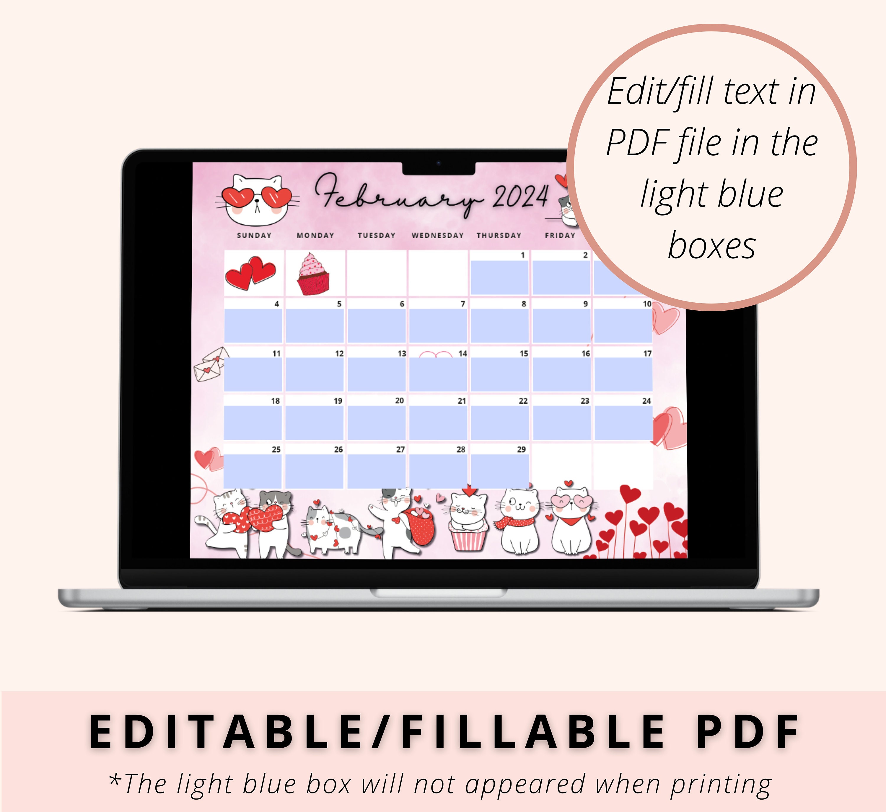 Editable Monthly Calendar 2024, Holiday Calendar, Cat Lover, School