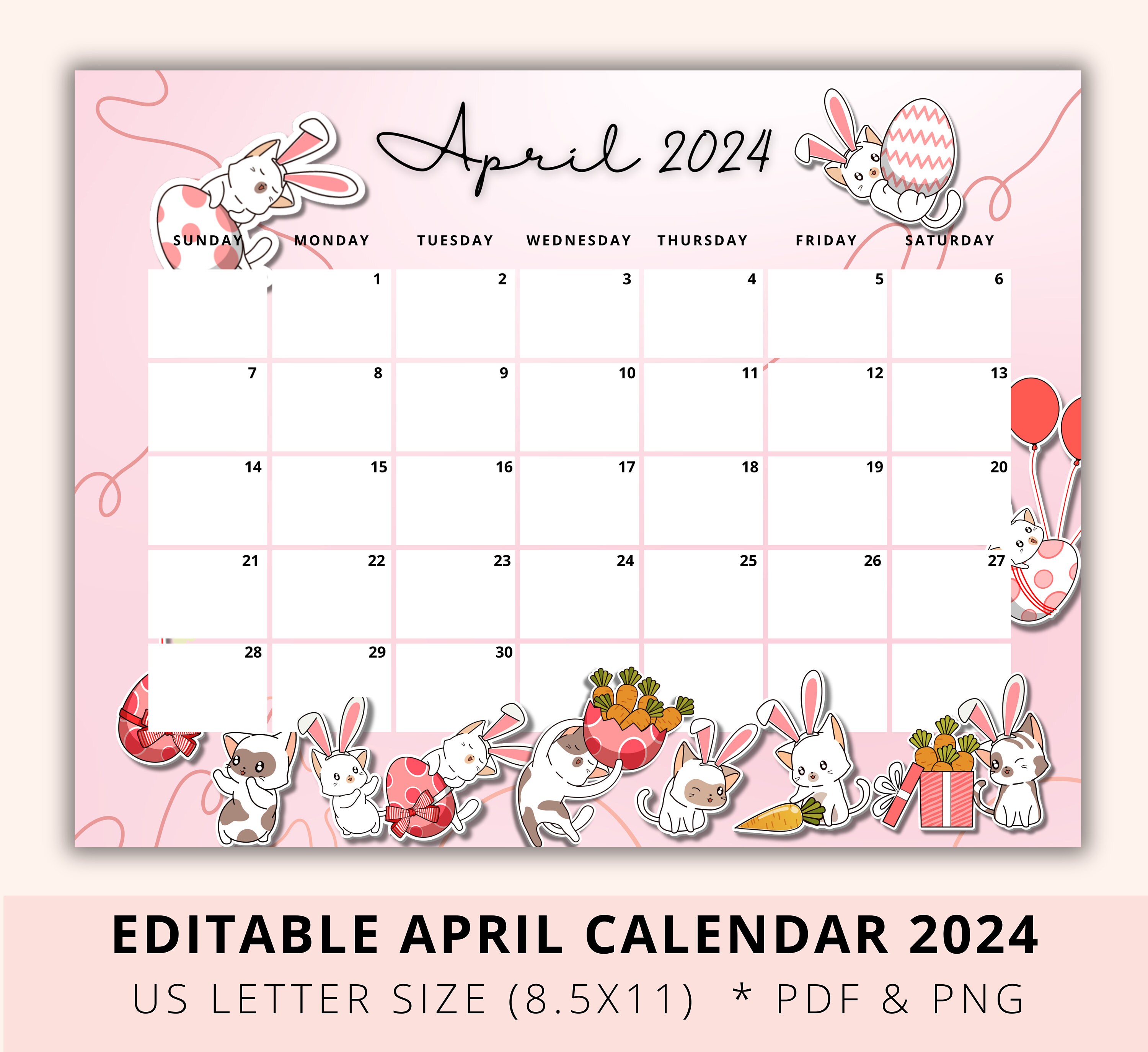 Editable April Calendar 2024, Easter Planner, Homeschool Planner