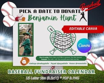 Baseball Fundraiser Calendar Canva Template, Editable Baseball Team Fundraiser,  Printable Little League Calendar Fundraiser, Green