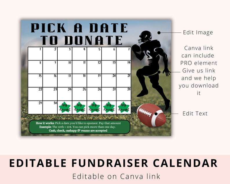 Football Pick a Date to Donate, Football Fundraiser Calendar, Editable