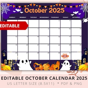Editable Halloween 2025 Calendar, October 2025 Calendar, School Calendar, Halloween 2025 Planner, Academic Planner, Kid, Homeschool Planner