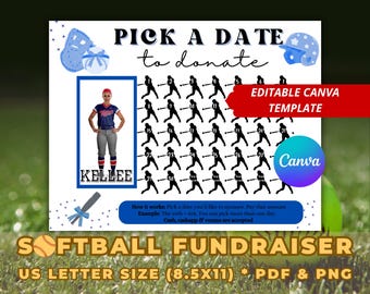 Softball Fundraiser Calendar Template, Editable Canva Pick a Date Donation Flyer, Navy Theme Team Printable