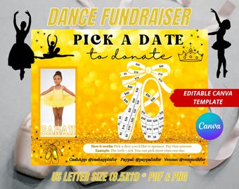 Editable Dance Fundraiser Calendar, Blackout Board, Yellow, Canva Template, Pick a Date to Donate, Dance Team Competition Cash Fundraiser