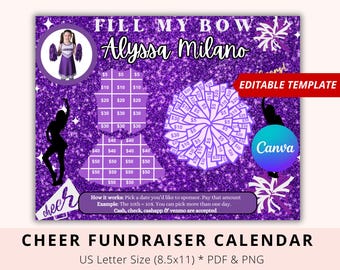 Editable Cheer pick a date to donate, Fill my Pompom, Black out my board, Cheerleading season, Purple, Pay The Date, Cheerleading Donate
