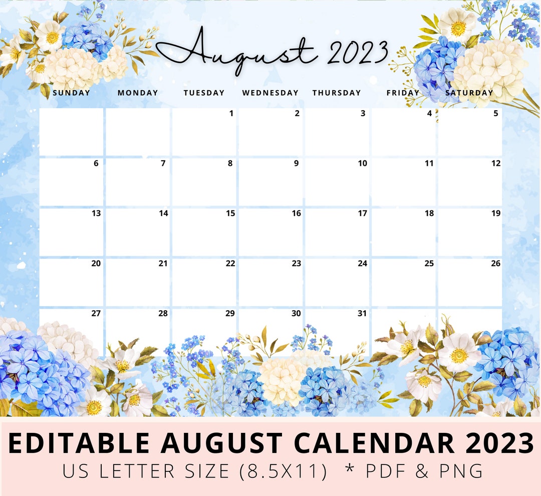 Editable August 2023 Monthly Calendar Printable Floral Etsy