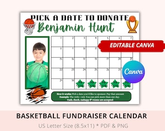 Editable Basketball Black Out My Board, Fundraiser Calendar, Green, Basketball Pick a date to donate, Canva, Basketball Season Sponsor