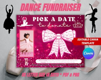 Editable Dance Black out my board, Dance Pick a date to donate, Sponsor My Season, Fill My Bow, Pink, My Dance Season, Canva