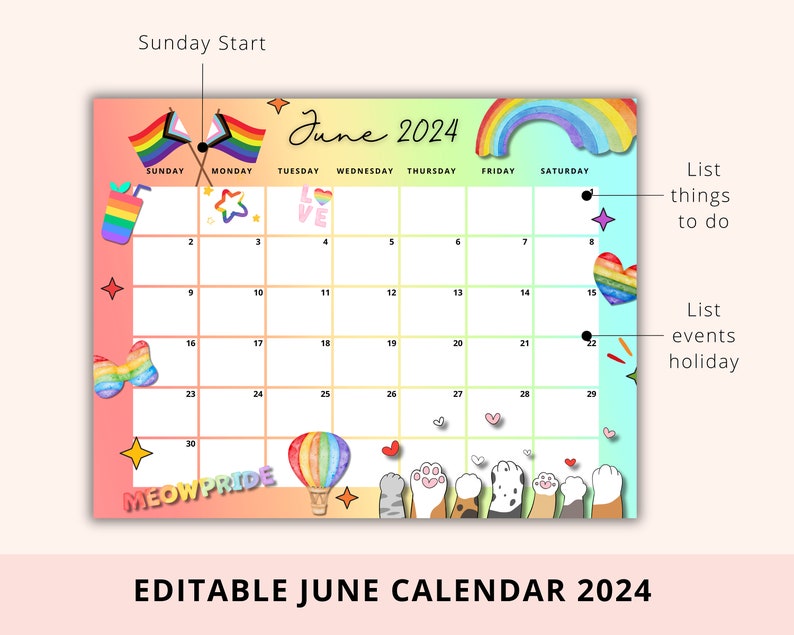 Editable June Calendar 2024 Pride Month 2024 Queer Proud Etsy