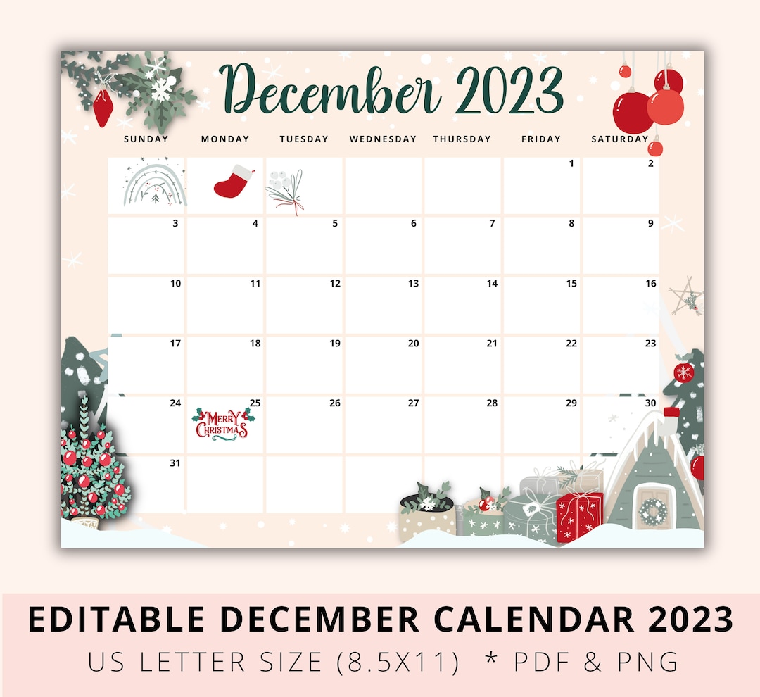 Editable Christmas Calendar 2023, December 2023 Calendar, Green Theme ...