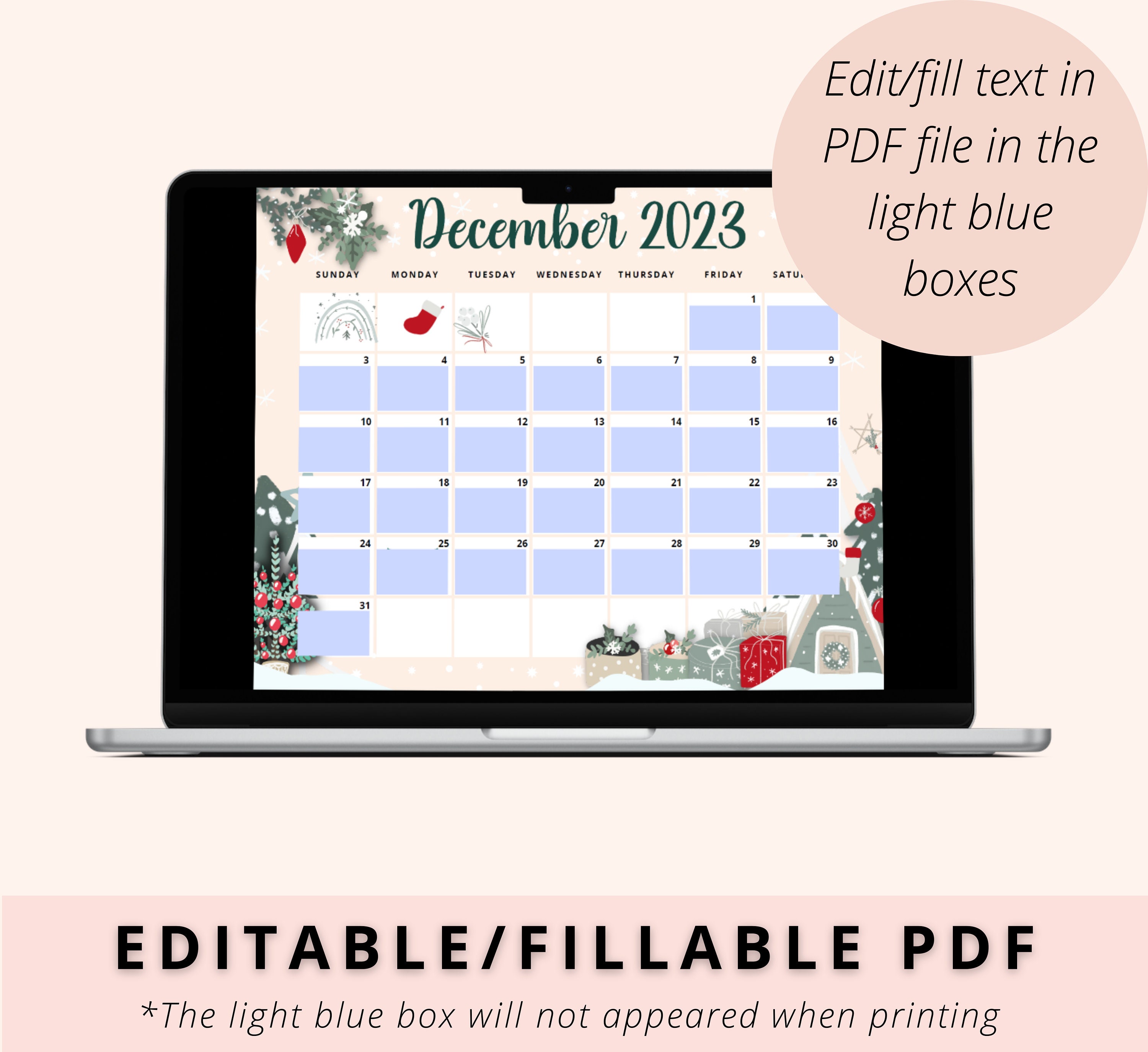 Editable Christmas Calendar 2023, December 2023 Calendar, Green Theme, Christmas Planner