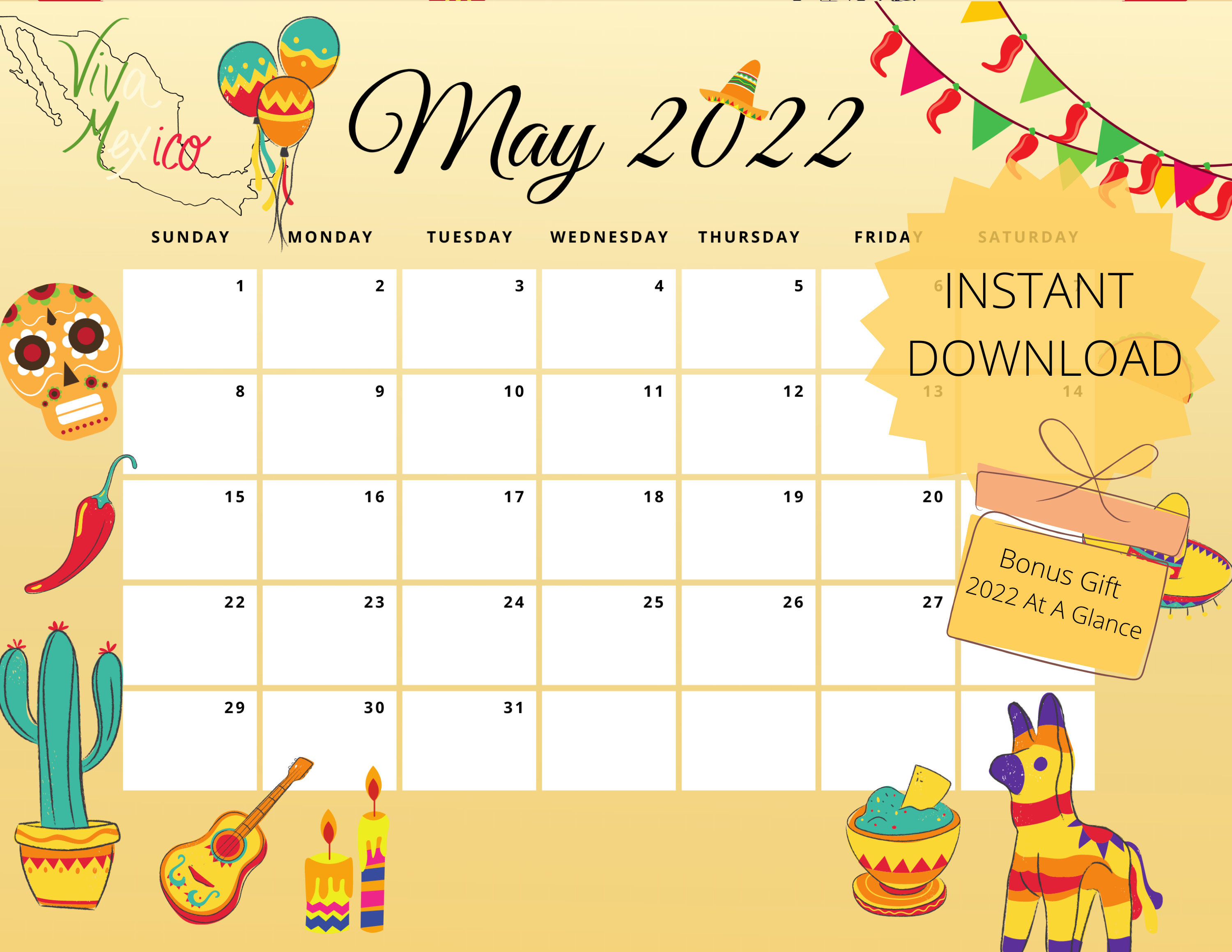editable holiday may 2022 monthly calendar printable digital etsy