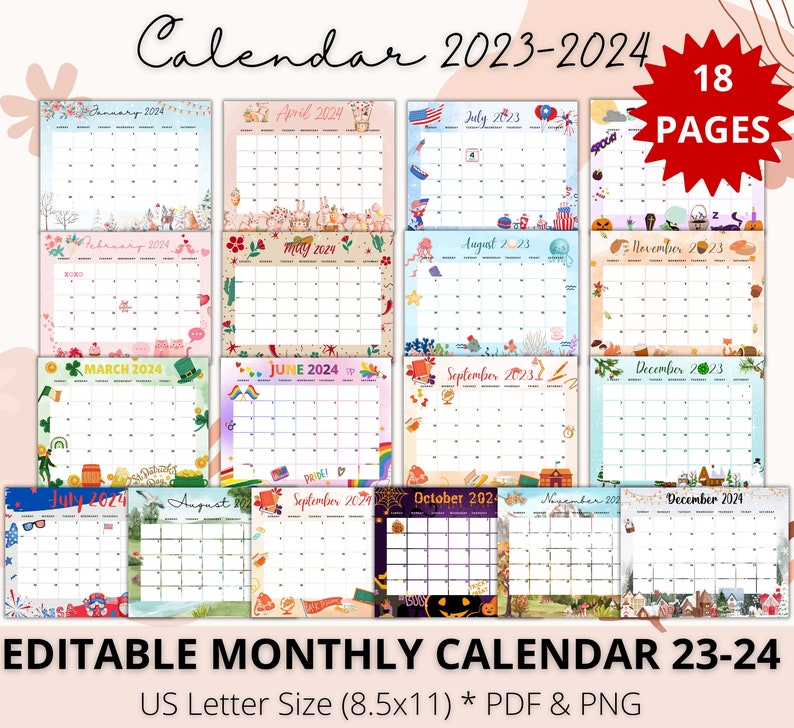 Editable Monthly Calendar 23 24 Academic Planner 12 Month Etsy