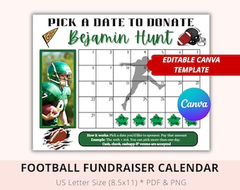 Editable Football Black Out My Board, Fundraiser Calendar, Green, Football Pick a date to donate, Canva, Football Season Sponsor, Donate